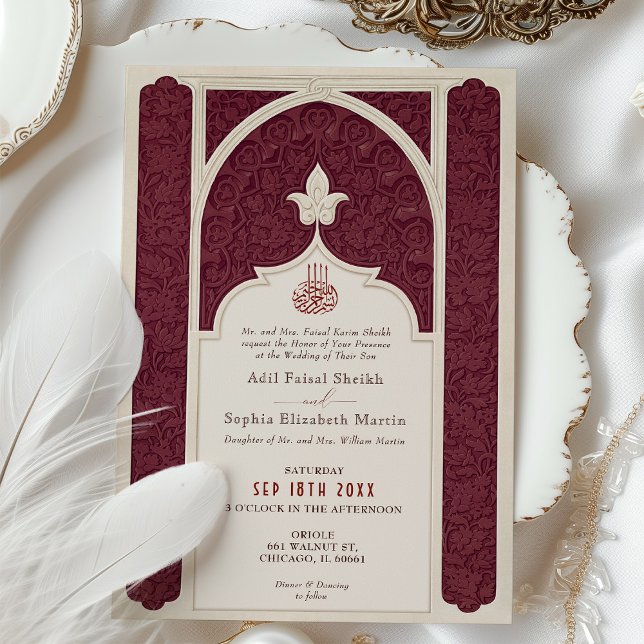 Burgund Ivory Islamische Hochzeit Verziert Arabesq Einladung (Von Creator hochgeladen)