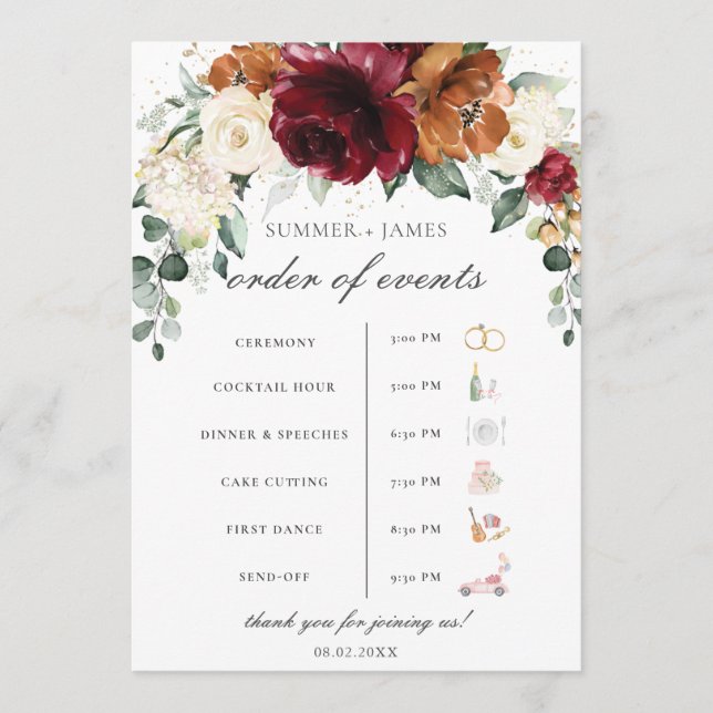 Burgund Ivory Rost Florale Hochzeitsablaufplan Programm (Vorderseite)