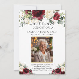 Burgund Ivory White Floral Foto Beerdigung Gedenks Dankeskarte