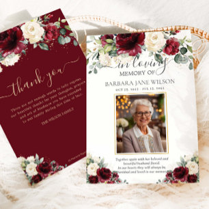 Burgund Ivory White Floral Foto Beerdigung Gedenks Dankeskarte