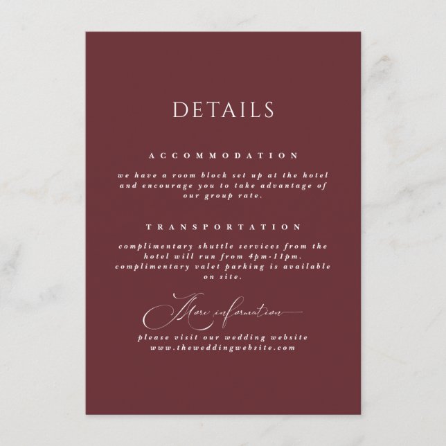 Burgund Kalligrafie Romantische Hochzeitdetails Begleitkarte (Vorderseite)