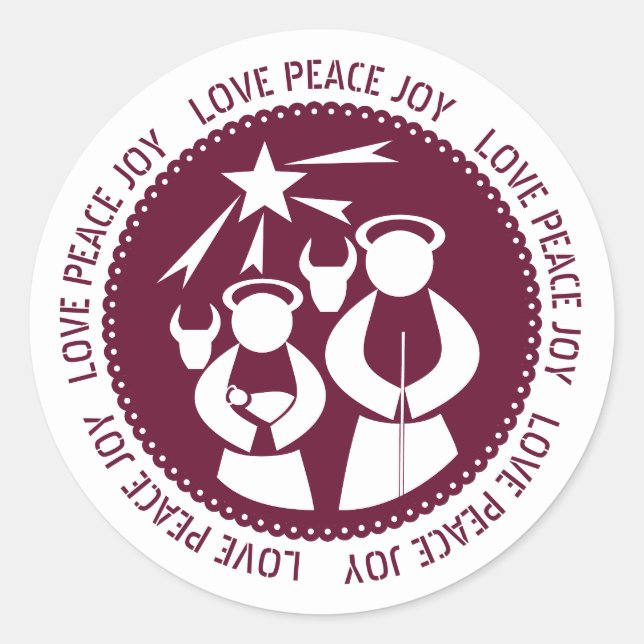 Burgund Krippe Liebe, Frieden, Weihnachten Runder Aufkleber (Vorderseite)
