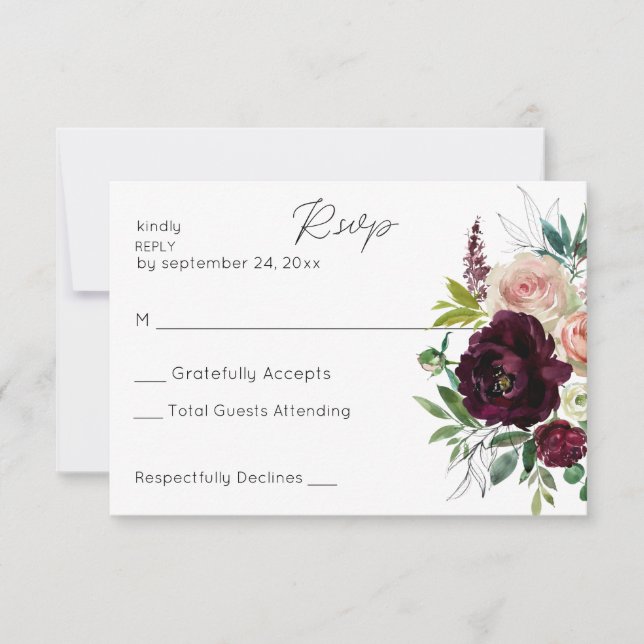 Burgund & Light Pink Blush Bloral RSVP Karte (Vorderseite)