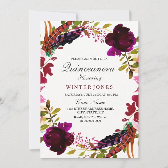 Burgund Lila Blumenreath Quinceanera Einladung (Vorderseite)