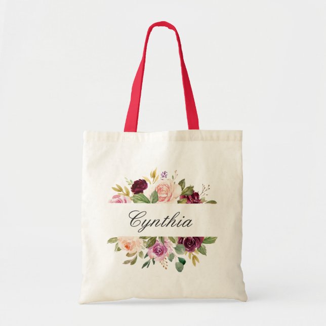 Burgund Lila Blush Wasserfarbe Blumenüberdacht Tragetasche (Vorne)