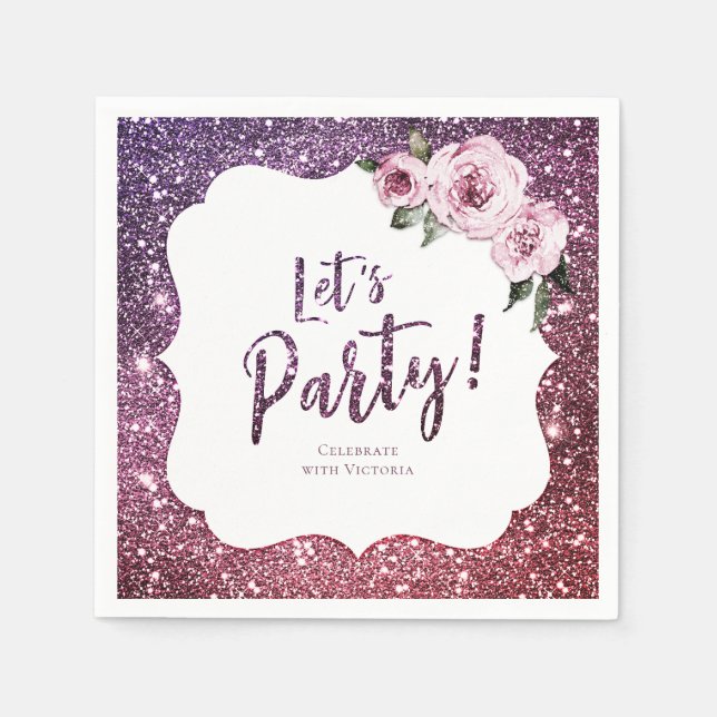 Burgund lila Glitzer und Blumen, lasst uns Party Serviette (Vorderseite)