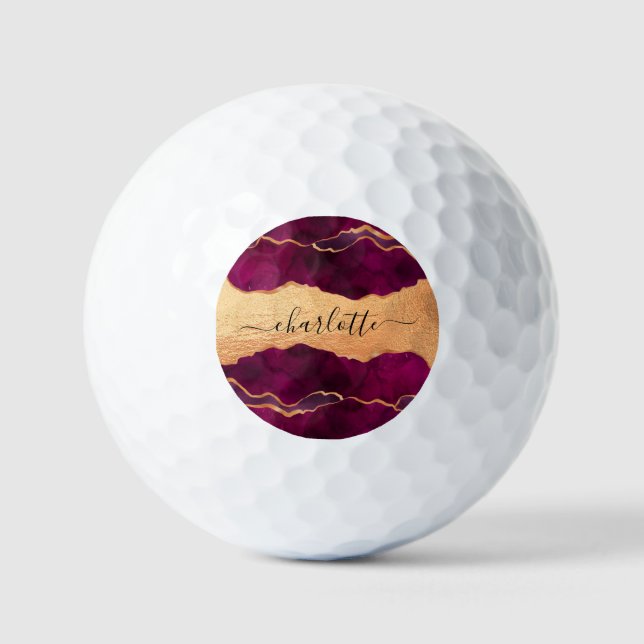 Burgund lila Goldagate Marmor Rose Goldname Golfball (Vorderseite)