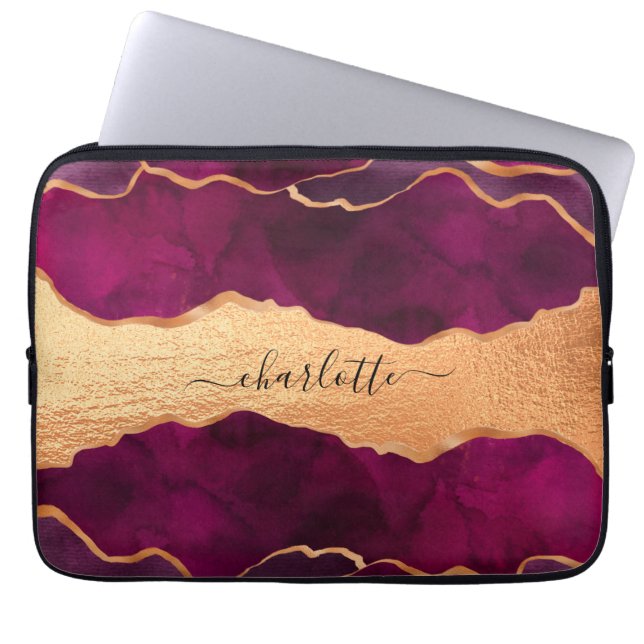 Burgund lila Goldagate Marmor Rose Goldname Laptopschutzhülle (Vorderseite)