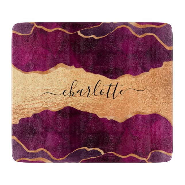 Burgund lila Goldagate Marmor Rose Goldname Schneidebrett (Vorderseite)