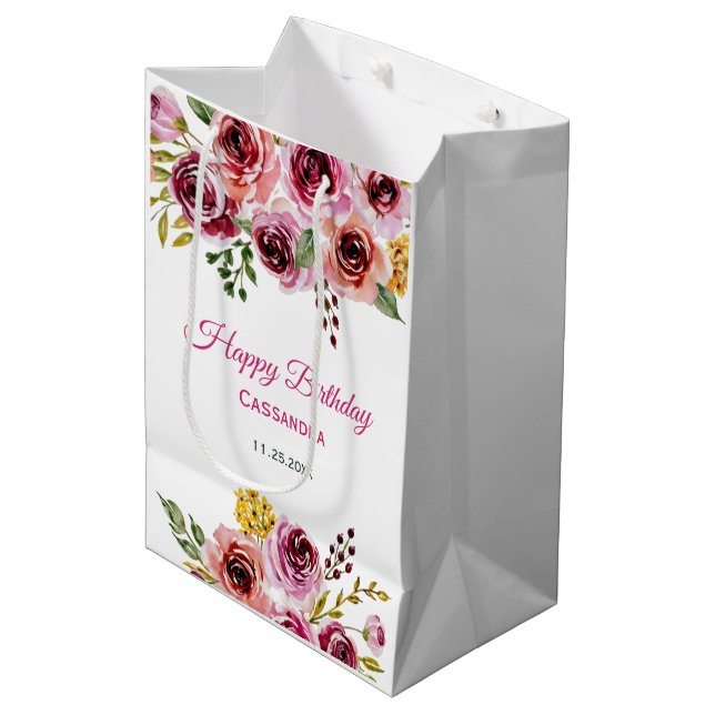 Burgund Lila Rose Rustikale Blumengeburt Mittlere Geschenktüte (Vorderseite Schrägansicht)