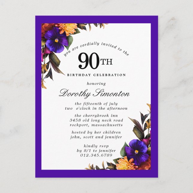 Burgund Lila Yellow 90. Geburtstagskarte Einladungspostkarte (Vorderseite)