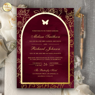 Burgund Line Art Arch Butterfly Hochzeit Folieneinladung