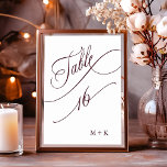 Burgund Luxury Calligraphy Wedding Number 16, Tischnummer<br><div class="desc">Tabelle 16. Bitte Karo alle verfügbaren Nummern. | Luxuriöse und elegante Wirble Kalligraphie Hochzeit Tischnummer mit Ihren Initialen. Für eine weiter gehende Anpassung dieses Designs klicken Sie bitte auf den BUTTON BLAU DESIGN TOOL oben!</div>