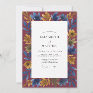 Burgund Malerische Indigo-Hochzeit Einladung