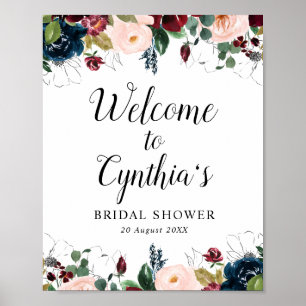 Burgund & Marine Blumen Hochzeit Begrüßungsschild Poster