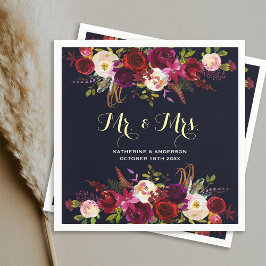 Burgund Marine Rustic Floral Mr. und Mrs. Wedding Serviette