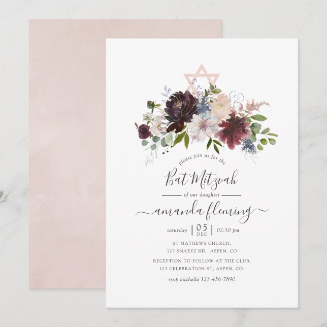 Burgund, Marine und Blush Bat Mitzvah Einladung (Vorne/Hinten)