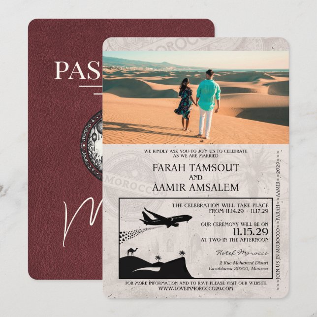 Burgund Marokko Passport Wedding Einladung (Vorne/Hinten)