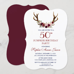 Burgund-Marsala-Blumen-Geweih 50. Geburtstag Einladung