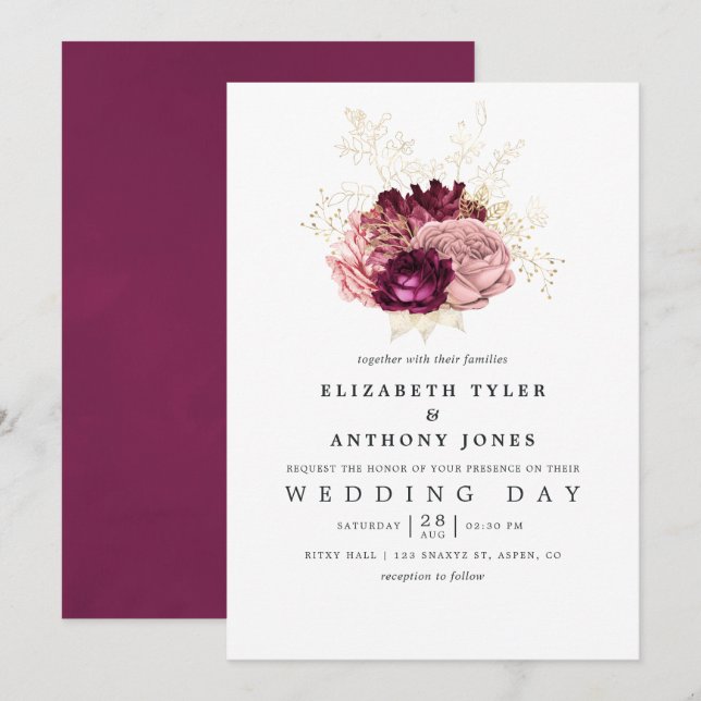 Burgund - Marsala Blush Pink and Gold Wedding Einladung (Vorne/Hinten)