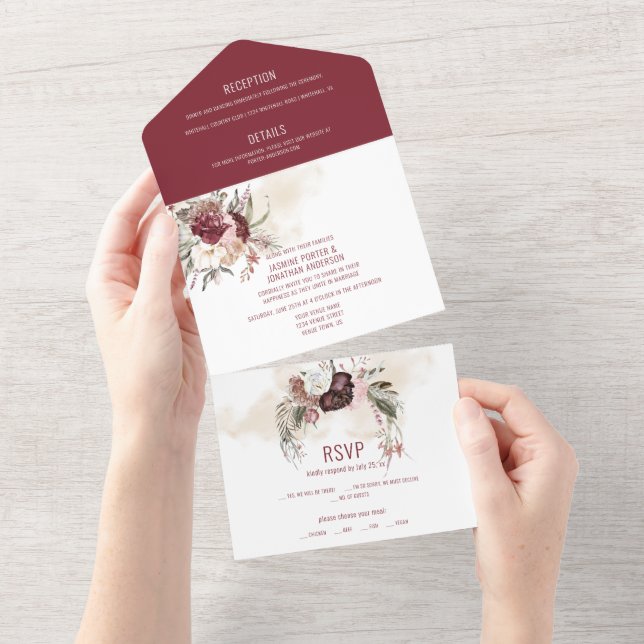 Burgund, Marsala, Blütenrosa, Blumenzehen All In One Einladung (Abreißen)