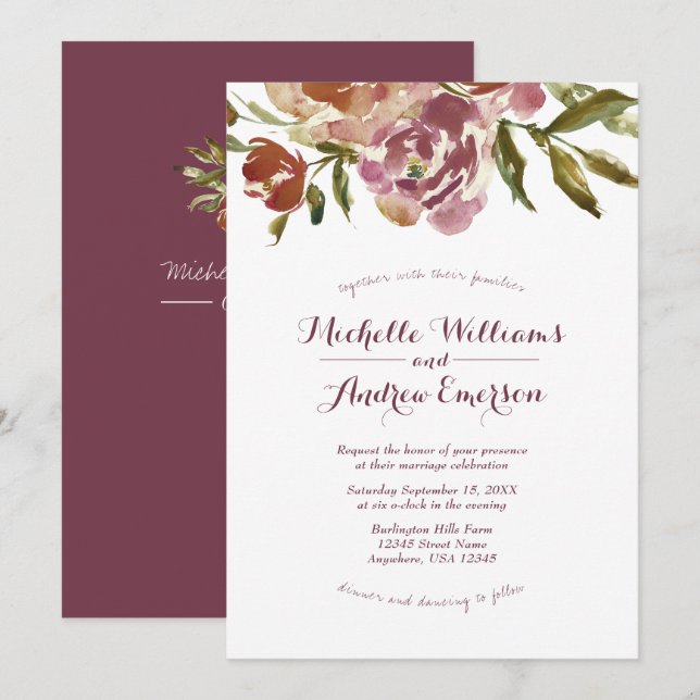 Burgund Marsala Fall Floral Hochzeit Einladung (Vorne/Hinten)