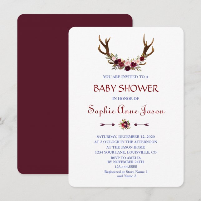 Burgund Marsala Floral Antlers Babydusche Einladung (Vorne/Hinten)