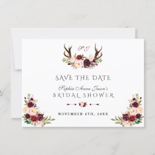 Burgund-Marsala-Florale Geweih-Brautabschied Save The Date