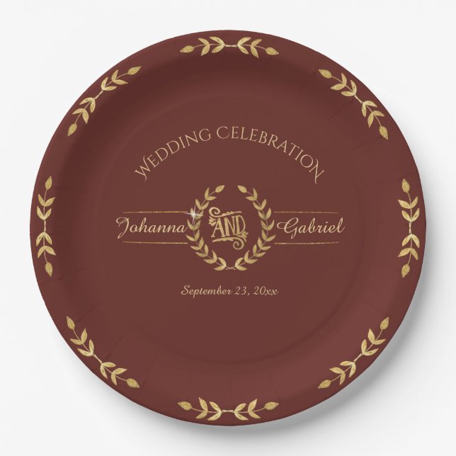 Burgund Marsala Gold Leaf Grüne Weinroute Pappteller (Vorderseite)