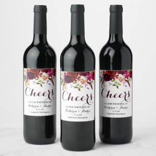 Burgund Marsala Red Boho Floral Cheers Hochzeit Weinetikett
