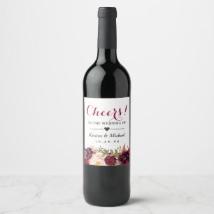 Burgund Marsala Rote Flora jubelt auf die Hochzeit Weinetikett