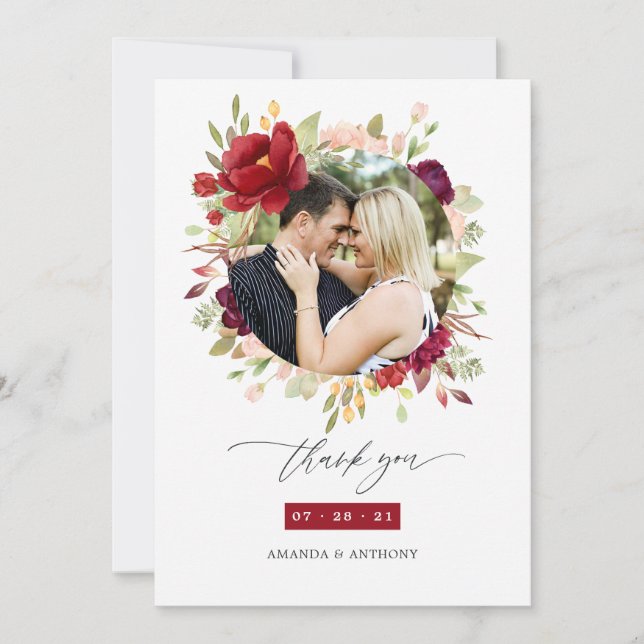 Burgund - Marsala und Blush Bloral Wedding Foto Dankeskarte (Vorderseite)