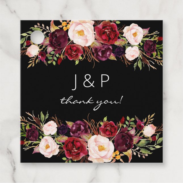 Burgund Marsala und Blush Floral - Schwarz Geschenkanhänger (Vorderseite)
