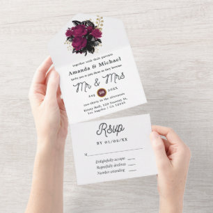 Burgund - Marsala und Gold Floral Wedding All In One Einladung