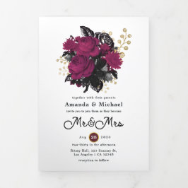 Burgund - Marsala und Gold Floral Wedding Dreifach Gefaltete Einladung