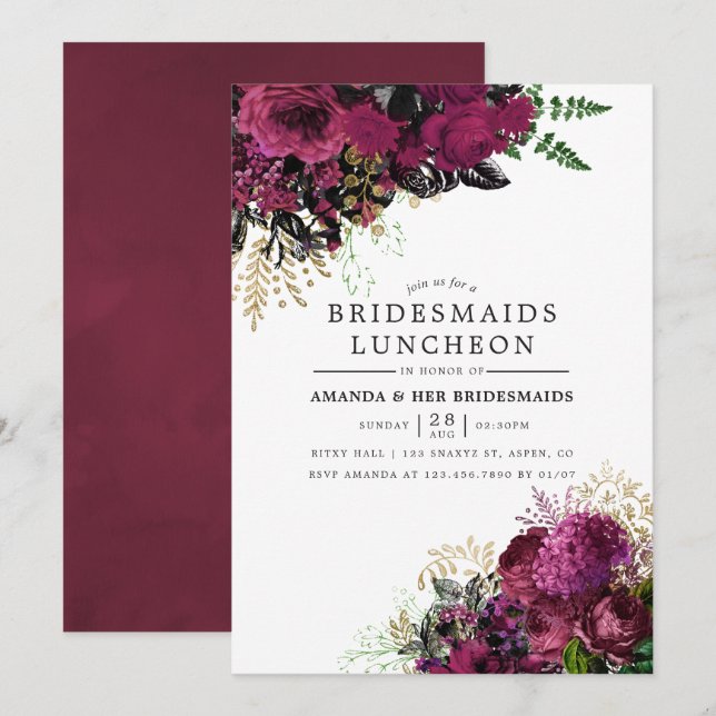 Burgund - Marsala und Goldbridmaids Luncheon Einladung (Vorne/Hinten)
