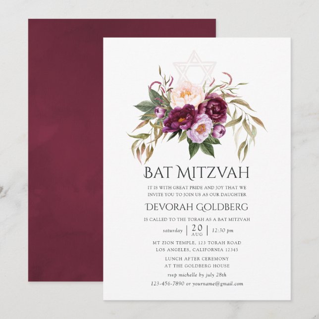 Burgund - Marsala und Peach Bat Mitzvah Einladung (Vorne/Hinten)
