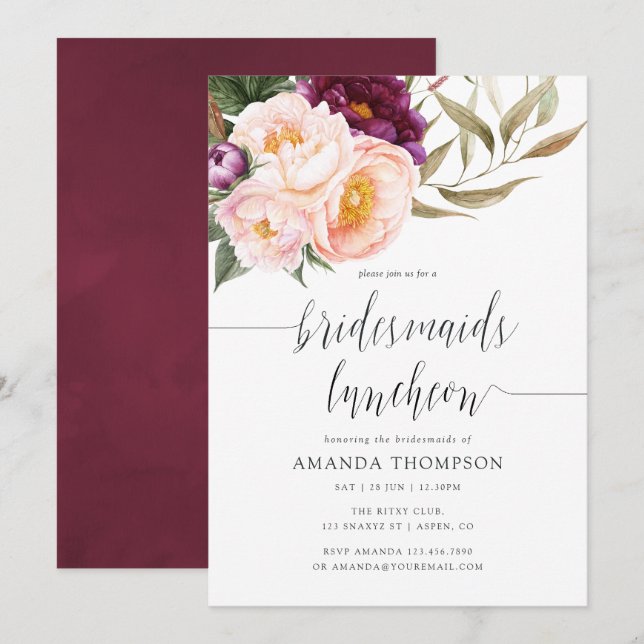 Burgund - Marsala und Peach Bridesmaids Luncheon Einladung (Vorne/Hinten)