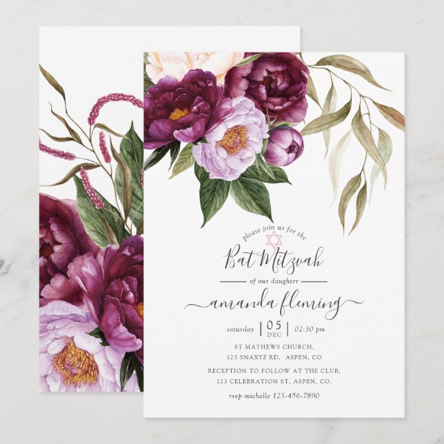 Burgund - Marsala und Peach Floral Bat Mitzvah Einladung (Vorne/Hinten)