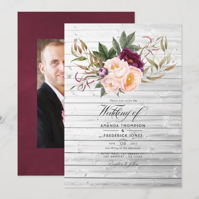 Burgund - Marsala und Peach Rustic Floral Wedding Einladung (Vorne/Hinten)