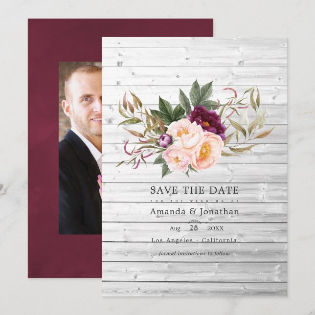 Burgund - Marsala und Peach Rustic Floral Wedding Save The Date (Vorne/Hinten)