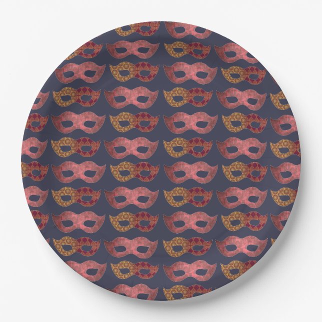 Burgund-Masqueradenmasken-Muster Pappteller (Vorderseite)