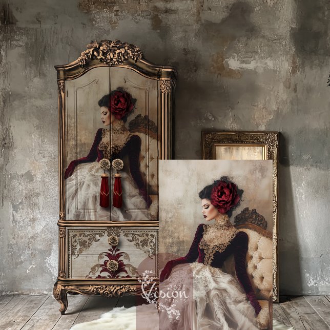 Burgund Maus, elegantes Portrait & Blumen Seidenpapier (Burgundy Muse, Beautiful sitting woman, elegant portrait & floral, decoupage tissue paper)