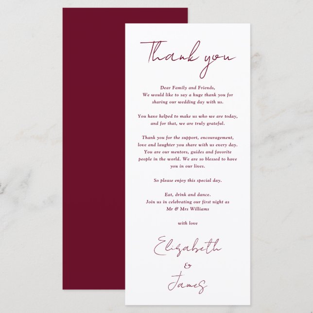 Burgund Minimalistisch Wedding Danke Platzkarte Menükarte (Vorne/Hinten)