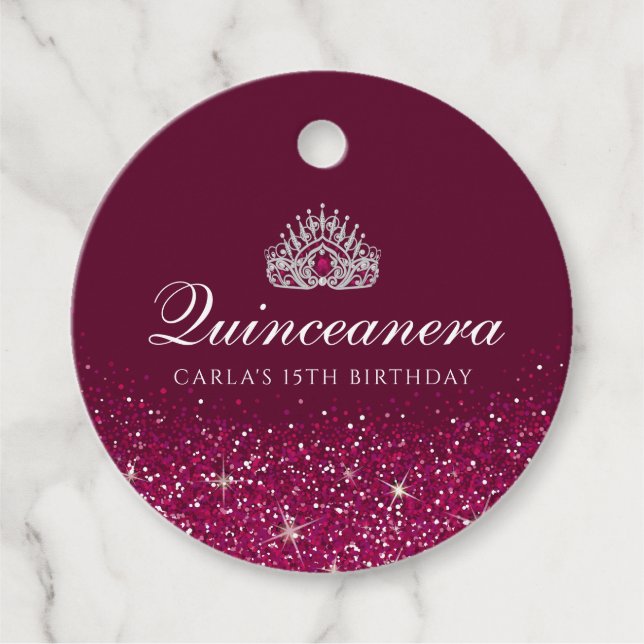 Burgund mit Glitzer Quinceanera Geschenkanhänger (Vorderseite)