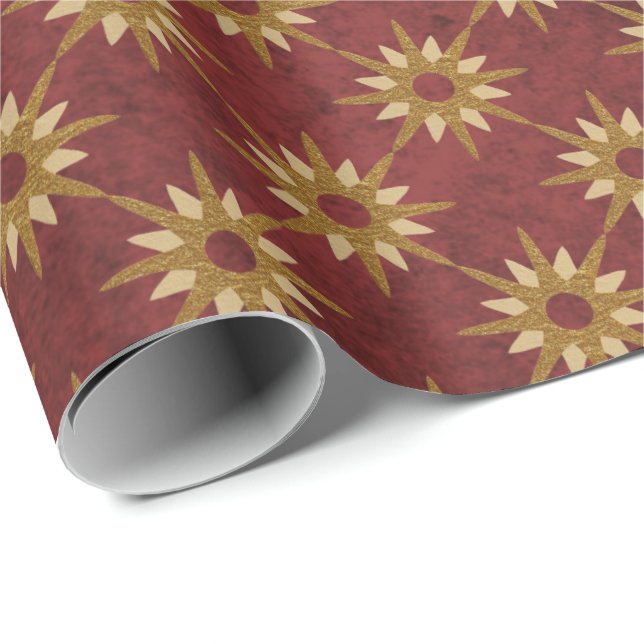 Burgund mit Gold-Stars-Muster Geschenkpapier (Rolleneckpunkt)