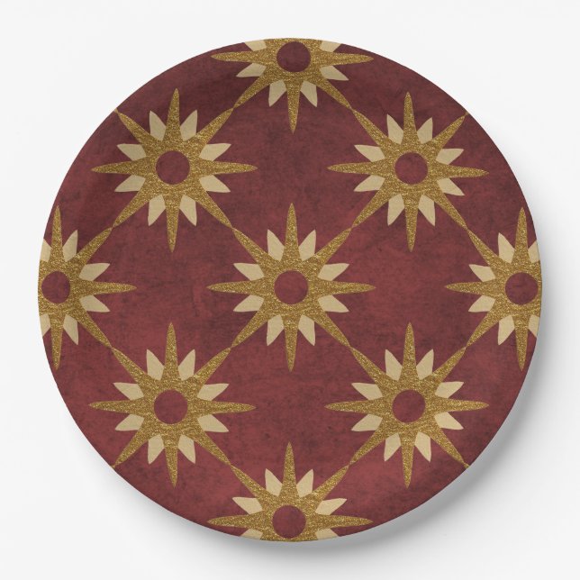 Burgund mit Gold-Stars-Muster Pappteller (Vorderseite)