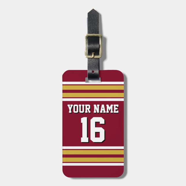 Burgund mit Gold White Stripes Team Jersey Gepäckanhänger (Vorderseite vertikal)