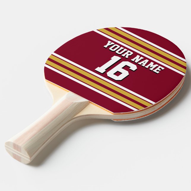 Burgund mit Gold White Stripes Team Jersey Tischtennis Schläger (Vorderseite)