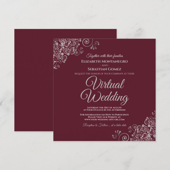 Burgund mit Lacy Silver Elegant Virtual Wedding Einladung (Vorne/Hinten)